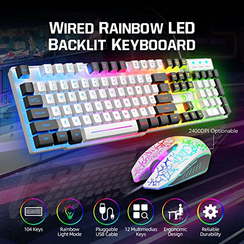Wired Rainbow LED Backlit Keyboard and Mouse, Over Ear Headphone with Mic, Gaming Mice and Pad, for PC, Xbox and PS4 (White/Black) - color: White/Black
