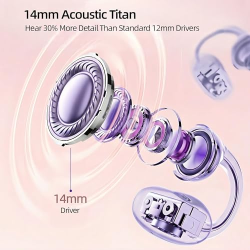 HJX Gen3 Open Ear Clip On Earbuds Headphones Over Ear for Running Workout, Wireless Ear Buds with 14mm Drivers Powerful Sound, IPX7 Waterproof, Bluetooth 6.0 Hi-Res, FlexiClip Design,Purple - color: Purple
