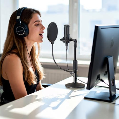 Desktop Microphone Stand,Adjustable Height Mic Stand with Pop Filter Shock Mount Mic Clip 3/8" to 5/8" Adapter,Compatible with AT2020|AT2035|AT2040|QuadCast S|Razer Seiren X| Blue Snowball |Shure
