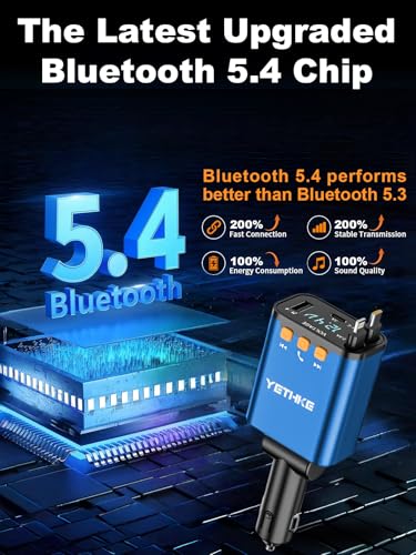 Bluetooth Car Adapter with Retractable Charger,[Upgrade] Bluetooth 5.4 FM Transmitter for Cars, 4 in 1 Fast Car Charger 69W, Handsfree Call, 2*Retractable Cable for iPhone 17/16/15/14, Galaxy-Blue - color: Blue