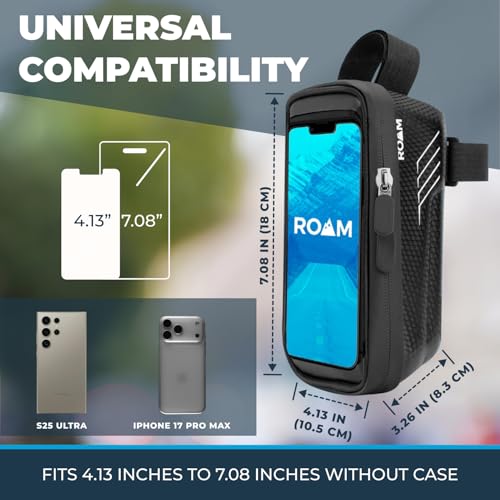 Roam Bike Universal Phone Holder + Waterproof Zipper Storage Case - Fits Smartphones Up To 4" x 7" - Velcro Strap Mounts To Bicycle Frame - Full Touchscreen Capabilities - Black