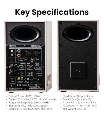 Edifier MR5 2.0 Studio Monitor Bookshelf Speakers, 110W RMS, White | Hi-Res Audio, Bluetooth 6.0, 3-Way Active Design, Room Compensation, XLR/TRS/RCA Inputs, Home Studio & Music - color: White