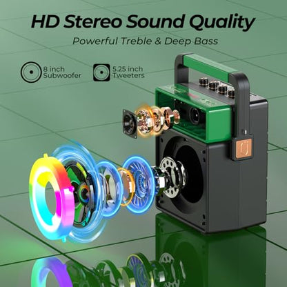 JYX Bluetooth PA Speaker System with 2 Wireless Mics, Retro 60W Karaoke Machine with LED Lights, Supports Recording, USB/TF/AUX/MIC Input for Home Party
