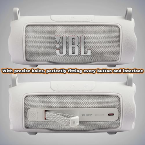 Silicone Cover Compatible with JBL Flip 7 Waterproof Portable Speaker with Shoulder Strap (White) - color: White