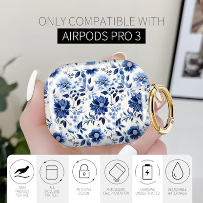 for AirPods Pro 3 Case (2025), Cute Cover Compatible with AirPod Pro 3rd Generation Shell with Rose Gold Keychain Earbuds Case for Women（Dark Blue Flowers） - color: dark blue flowers