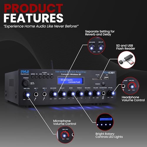 Pyle Wireless BT Stereo Amplifier - Multi Channel, 200 Watt Power, Home Audio Receiver System with FM Radio, BT, USB SD, AUX, RCA, Mic-in, BT and FM Antenna