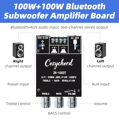 ZK-1002T Bluetooth 5.0 Stereo Amplifier Board, 200W HiFi 2.0 Channel Mini Audio Amp Module with Treble & Bass Control, AUX Input, DC 12V-24V for DIY Speakers,Home Audio - color: ZK-1002T