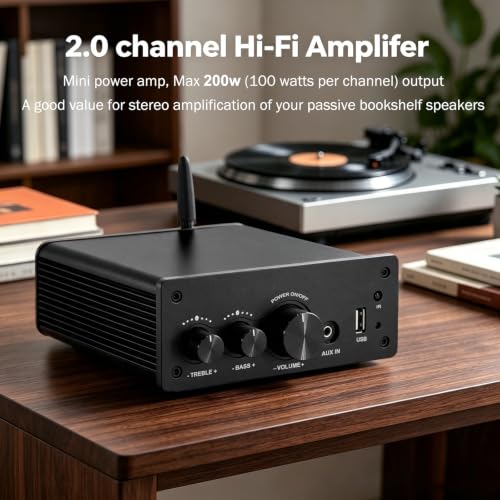LONPOO 200W Bluetooth Audio Amplifier with DAC for Bookshelf Speaker HiFi | TPA3116 Chip, 2.0 Channel, Optical Coaxial USB RCA Aux Input, Plug and Play, Low Distortion, Black - color: all black