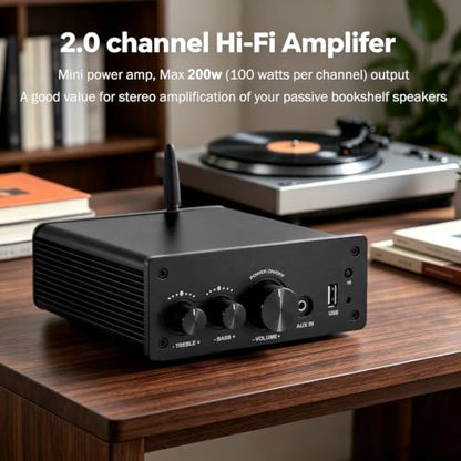 LONPOO 200W Bluetooth Audio Amplifier with DAC for Bookshelf Speaker HiFi | TPA3116 Chip, 2.0 Channel, Optical Coaxial USB RCA Aux Input, Plug and Play, Low Distortion, Black - color: all black