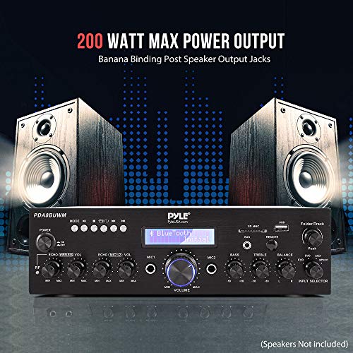 Pyle Wireless Microphone Power Amplifier System - 200W Dual Channel Sound Audio Stereo Karaoke Speaker Receiver w/USB, AUX, Microphone in w/Echo, Radio,Home Theater via RCA, Studio Use PDA8BUWM.5