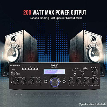 Pyle Wireless Microphone Power Amplifier System - 200W Dual Channel Sound Audio Stereo Karaoke Speaker Receiver w/USB, AUX, Microphone in w/Echo, Radio,Home Theater via RCA, Studio Use PDA8BUWM.5