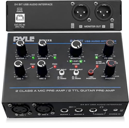 Pyle Professional USB Audio Interface with MIC, Guitar, AUX Stereo Inputs, Phone/Monitor Outputs, Ideal for Computer Playing & Recording, Compact Rugged Metal Housing - PMUX6 - style: Interface Basic