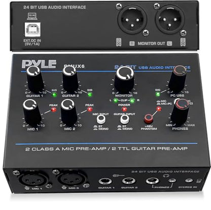 Pyle Professional USB Audio Interface with MIC, Guitar, AUX Stereo Inputs, Phone/Monitor Outputs, Ideal for Computer Playing & Recording, Compact Rugged Metal Housing - PMUX6 - style: Interface Basic