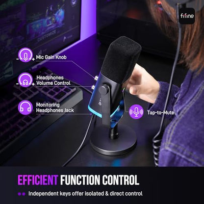 FIFINE USB/XLR Dynamic Microphone with Audio Mixer&RGB Boom Arm Kit, Streaming Mic with Quick Mute, PC Mixer with 48V Phantom Power, RGB Metal Mic Arm with 3/8" to 5/8" Screw for Podcast-AM8+SC3+BM38