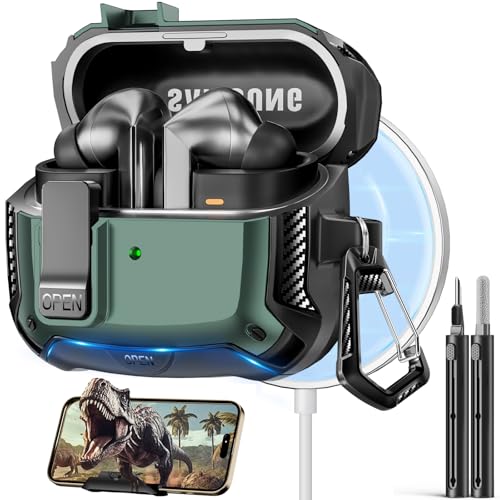 Safety Lock Case for Samsung Galaxy Buds3 FE/Pro/3 (Green) | Compatible with MagSafe, Carbon fibre texture Design,with Phone Stand& Cleaning kit,Keychain, - color: A-b-Grenn