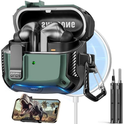 Safety Lock Case for Samsung Galaxy Buds3 FE/Pro/3 (Green) | Compatible with MagSafe, Carbon fibre texture Design,with Phone Stand& Cleaning kit,Keychain, - color: A-b-Grenn