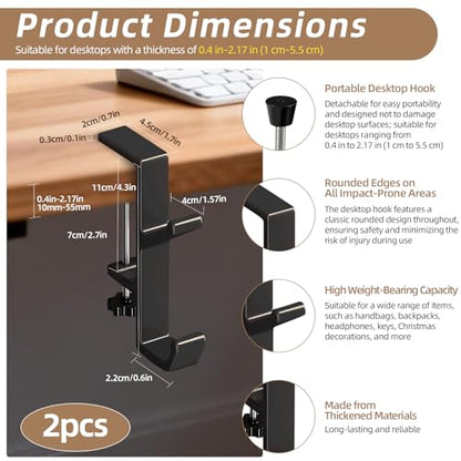 Desk Mount Bag Holder Hook Clamp, Bag Hook 2 Pcs-Double Hook Black | Portable Purse Hook for Table, Reduce Desk Clutter, Desk Mount Headphones Holder, Backpack Hanger, Table Hanging Storage - color: 2 Pcs-Double Hook Black