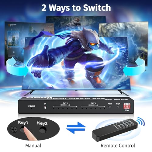 6x2 HDMI 2.0 Matrix Switch Splitter, 6 in 2 Out HDMI Matrix Switcher Selector Supports 4K@60Hz 18Gbps UHD HDR HDCP 2.2, with Remote Control & Optical SPDIF 3.5mm Audio Extractor, EDID Management - size: 4K 6X2 Matrix with EDID