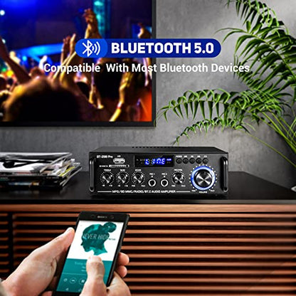 298Pro Stereo Audio Amplifier, MIC in w/Echo, Bass & Treble w/USB/RCA/FM | Max 400W Home 2 Channel Bluetooth 5.0 Wireless Power Amplifier, HiFi Sound Home Theater Audio System Home Stereo Receiver - style: MAX 400Wx2