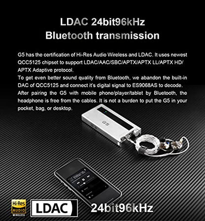 Fanmusic Topping G5 Headphone Amplifier Portable ES9068AS DAC&Amp LDAC Hi-res Audio Support up to DSD512 768kHz (Silver) - color: Silver