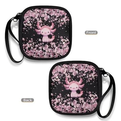 Axolotl Cherry Blossom Headphone Case Square Earbud Organizer Portable Bluetooth Headset Case with Handle for Girls Boys Men Women - color: Axolotl Cherry Blossom