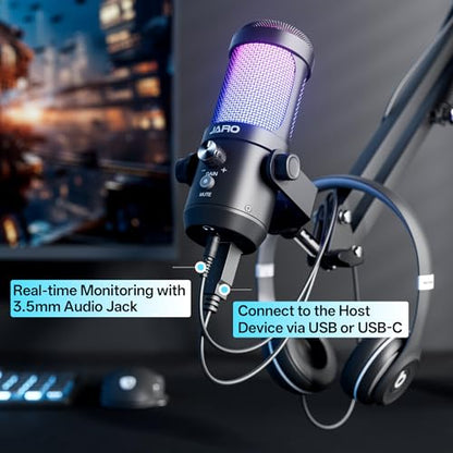 JARO USB Podcast Microphone with Boom Arm, Studio Condenser Mic with Real-Time Monitoring, Mute, Volume Control Ideal for Voice & Singing (Black) - color: Black