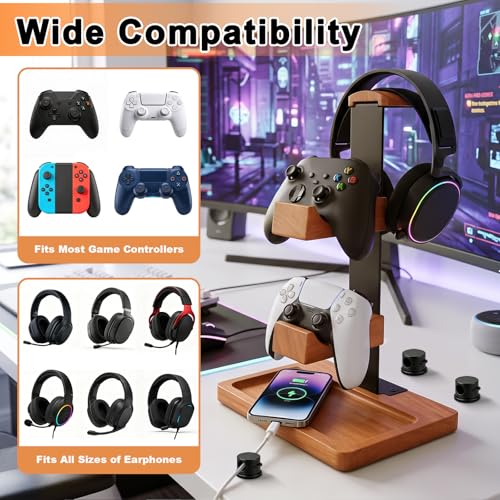 Headset Stand with Dual Controller Holder, Solid Wood | Headphone Stand with Storage Base, Gaming Equipment Accessories for Desk, Controller Holder for Gamers