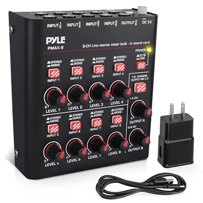 Pyle 8-Channel Bluetooth Mini Line Mixer with USB Audio Interface - 8 Mono/Stereo Switching Inputs | Ultra-low Noise Design with High Headroom | Built-in USB-C Sound Card - PMAX8 - size: 8 Channel