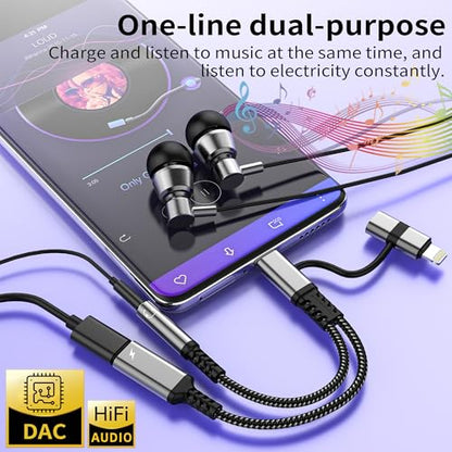 3.5mm to USB C Adapter(2in2) for iPhone 17 16 15 14 13 Lightning to Aux Audio Headphone Jack Cable Splitter Dongle Charger Cord Car Charging for Ipad Dual Lighting DAC Compatible for Samsung
