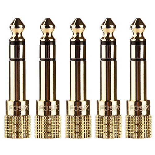 FosPower 6.35mm (1/4 inch) Male to 3.5mm (1/8 inch) Female 3-Conductor TRS AUX Stereo Audio Headphone Jack Adapter - 24K Gold Plated (5 Pack) | 24K gold-plated 6.35mm 1/4" male to 3.5mm 1/8" female TRS stereo audio adapter for guitar amplifiers, headphone