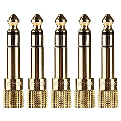 FosPower 6.35mm (1/4 inch) Male to 3.5mm (1/8 inch) Female 3-Conductor TRS AUX Stereo Audio Headphone Jack Adapter - 24K Gold Plated (5 Pack) | 24K gold-plated 6.35mm 1/4" male to 3.5mm 1/8" female TRS stereo audio adapter for guitar amplifiers, headphone