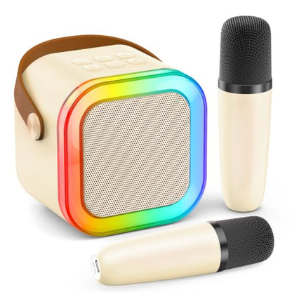 Mini Karaoke Machine, Portable Bluetooth Speaker & 2 Wireless Microphones | Karaoke Player Karaoke Microphone For Family Home Party Outdoor With HI-FI Sound | 5 Magic Sound | PA System | USB | TF | AUX - color: Light Beige