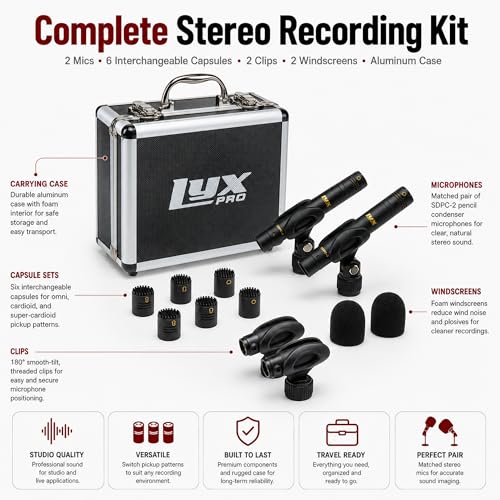 LyxPro SDPC-2 Stereo Pair XLR Pencil Condenser Microphones, 3 Capsules | Omni, cardioid & super cardioid capsules for acoustic guitar, drum overheads, piano, choir, room sound & studio recording