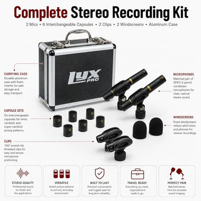 LyxPro SDPC-2 Stereo Pair XLR Pencil Condenser Microphones, 3 Capsules | Omni, cardioid & super cardioid capsules for acoustic guitar, drum overheads, piano, choir, room sound & studio recording