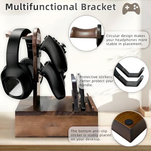Gamer Controller Holder Headphone Stand with Storage Drawer for Gaming Equipment,Wood Gamer Gifts for Teenage Boy,Headpset Stand Gaming Desk Accessories for Fathers Day Men,Son,Husband