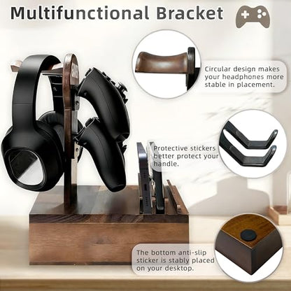 Gamer Controller Holder Headphone Stand with Storage Drawer for Gaming Equipment,Wood Gamer Gifts for Teenage Boy,Headpset Stand Gaming Desk Accessories for Fathers Day Men,Son,Husband