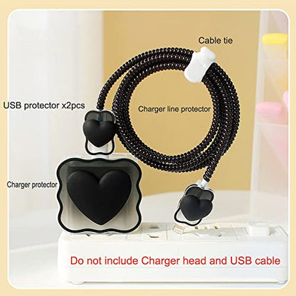 ZOSTLAND 5 in 1 DIY 18W 20W Heart Shape Protector Data Cable USB Charger Line Earphone Wire Saver Organizer Compatible with iPhone 11 12 13 14 15 Pro Max - color: Love Black