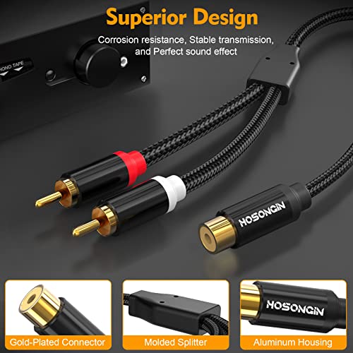 HOSONGIN 1ft RCA Splitter 1 Female to 2 Male Y Adapter 2 Pack, Short RCA Audio Speaker Splitter Cable, Double Shielding Black Nylon Braided Cable - Gold-Plated Plug - Length 12 Inch - size: 1FT-2Pack, style: 1 Female to 2 Male
