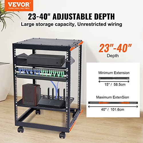 VEVOR 15U Open Frame Server Rack, 23''-40'' Adjustable Depth, Free Standing or Wall Mount Network Server Rack, 4 Post AV Rack with Casters, Holds All Your Networking IT Equipment AV Gear Router Modem - size: 15U