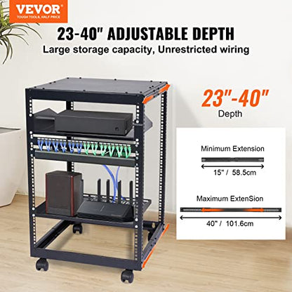 VEVOR 15U Open Frame Server Rack, 23''-40'' Adjustable Depth, Free Standing or Wall Mount Network Server Rack, 4 Post AV Rack with Casters, Holds All Your Networking IT Equipment AV Gear Router Modem - size: 15U