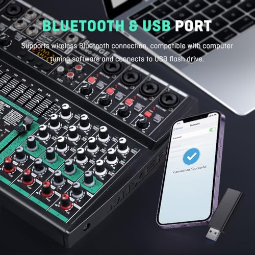 BOMGE Professional Audio Mixer Sound Board Console Desk System- Interface 8 Channel USB Bluetooth MP3 Computer Input 48V Phantom Power Stereo DJ Studio FX 256Bit DSP, for Professional and Beginners