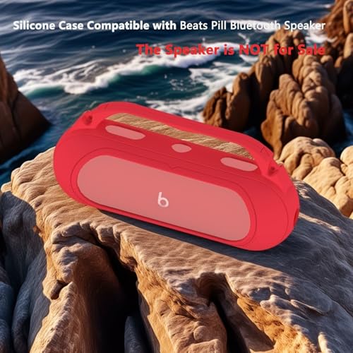 Silicone Cover Case for Beats Pill 2024 Wireless Bluetooth Speaker | Protective Stand Holder for Beats Pill Bluetooth Speaker Accessories With Should Strap (Black Case) - color: Red Case