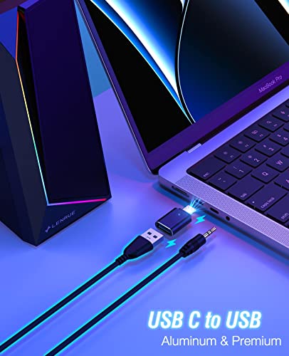 LENRUE Computer Speakers, USB/USB-C Powered AUX Audio for PC Speakers with Loud Stereo Sound, Headphone-in, Touch Lights for Desktop, Computer, Laptop, Desk（USB-C to USB Adapter Included - color: Black