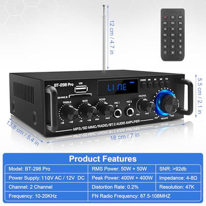 BT-298Pro 400W Amp, 2.0 Bluetooth Home Stereo Receiver w/Mic Echo & Bass | Stable BT 5.0 for phones/tablets. Supports USB, SD, AUX & FM. MIC input with adjustable echo for karaoke fun