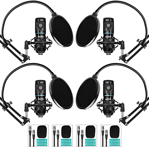 Movo PodPak4A 4-Pack Universal XLR Condenser Microphone Podcast Equipment Bundle for 4 - Includes Cardioid Mics, Desk Mount Stands, Shock Mounts, Pop Filters, and Audio Cables - Podcasting, YouTube - style: 4 Pack