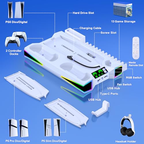 Kawaye PS5 Stand PS5 Cooling Station for PlayStation 5/Pro/Slim Console, PS5 Accessories Vertical Stand with 2.36in Cooling Fan, RGB Light, Dual Controller Charger, Headset Holder, 3 Charger Port - color: White