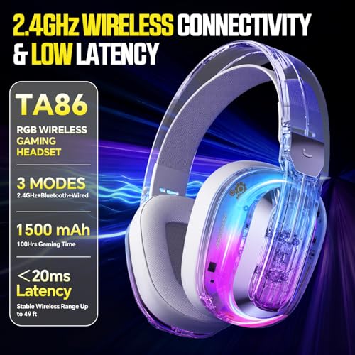 BENGOO Wireless Gaming Headset for PS5, PS4, PC, Switch, Mac, 2.4GHz USB Over Ear Gaming Headphones with Crystal RGB Lights