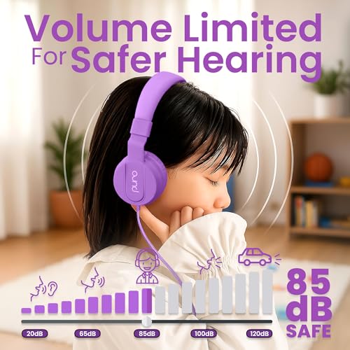 Puro Sound Labs - Kids Headphones, Volume-Limiting 85dB, PuroBasic, Purple | Adjustable, Safer & Comfortable Headphones for Kids – Compatible with PCs, Smartphones & Tablets, Ideal for School & Travel - color: Purple