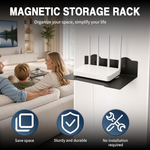Magnetic Floating Metal Mount Shelf with Cable Management for WiFi Router, Projector,TV Cable Box,Router,Speaker,Sound Bar,Camera,Gaming,Decor Display, Security Camera