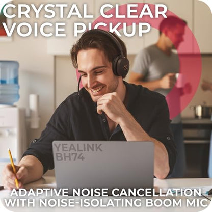 BH74 Yealink Headset Bluetooth Wireless On-ear, Teams/Zoom Certified, Compatible with Poly, Cisco, Avaya, Mitel phones, Acoustic Shield Mic & Hybrid ANC, Long Battery, Ideal for Office & Remote work - style: BH74-UC-MC